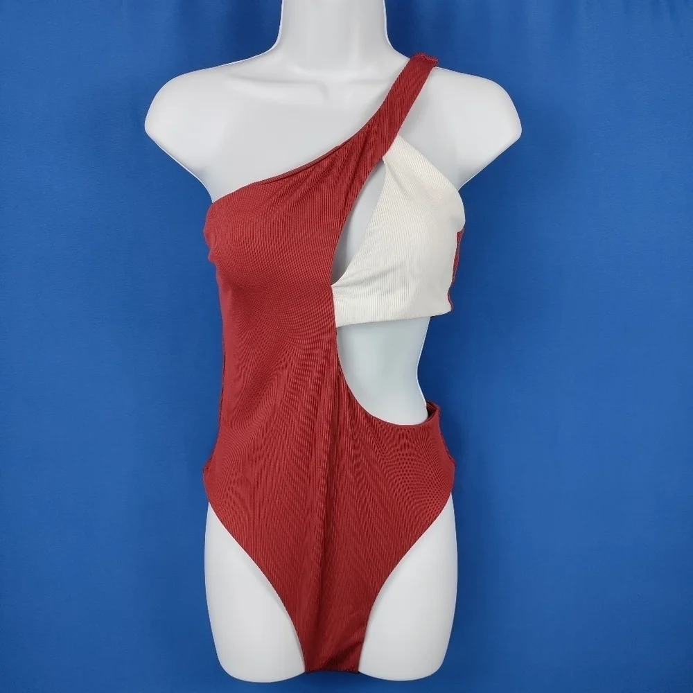 ZAFUL Women's One Shoulder Ribbed Bikini Colorblock Cutout One-Piece Swimsuit - Picture 5 of 7